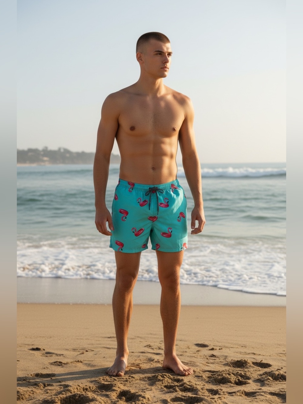 Oennea Mens Swim Trunks Aqua with Pink Flamingos - XL